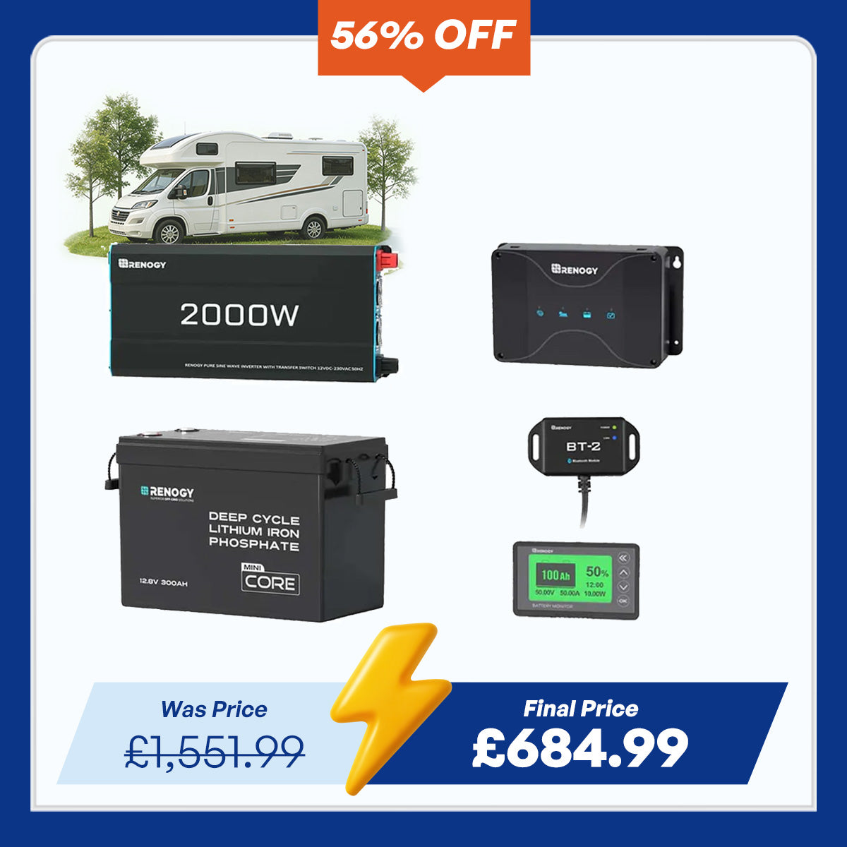 3.84kWh Motorhome Power Kit | 300Ah LiFePO4 Battery, 2000W Inverter