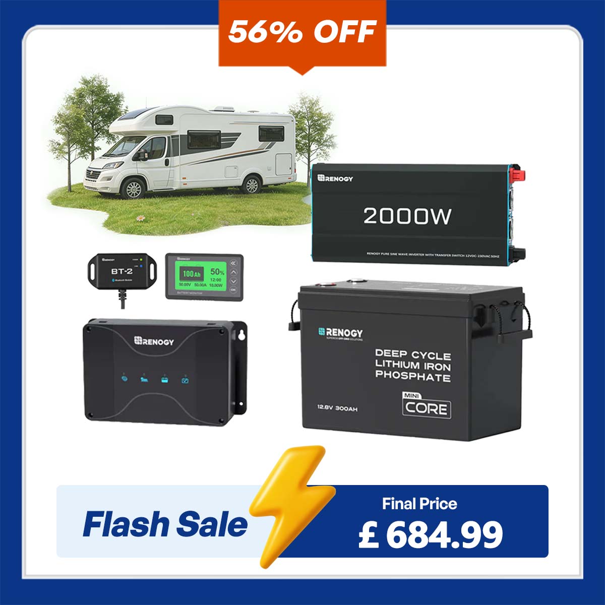 3.84kWh Motorhome Power Kit | 300Ah LiFePO4 Battery, 2000W Inverter