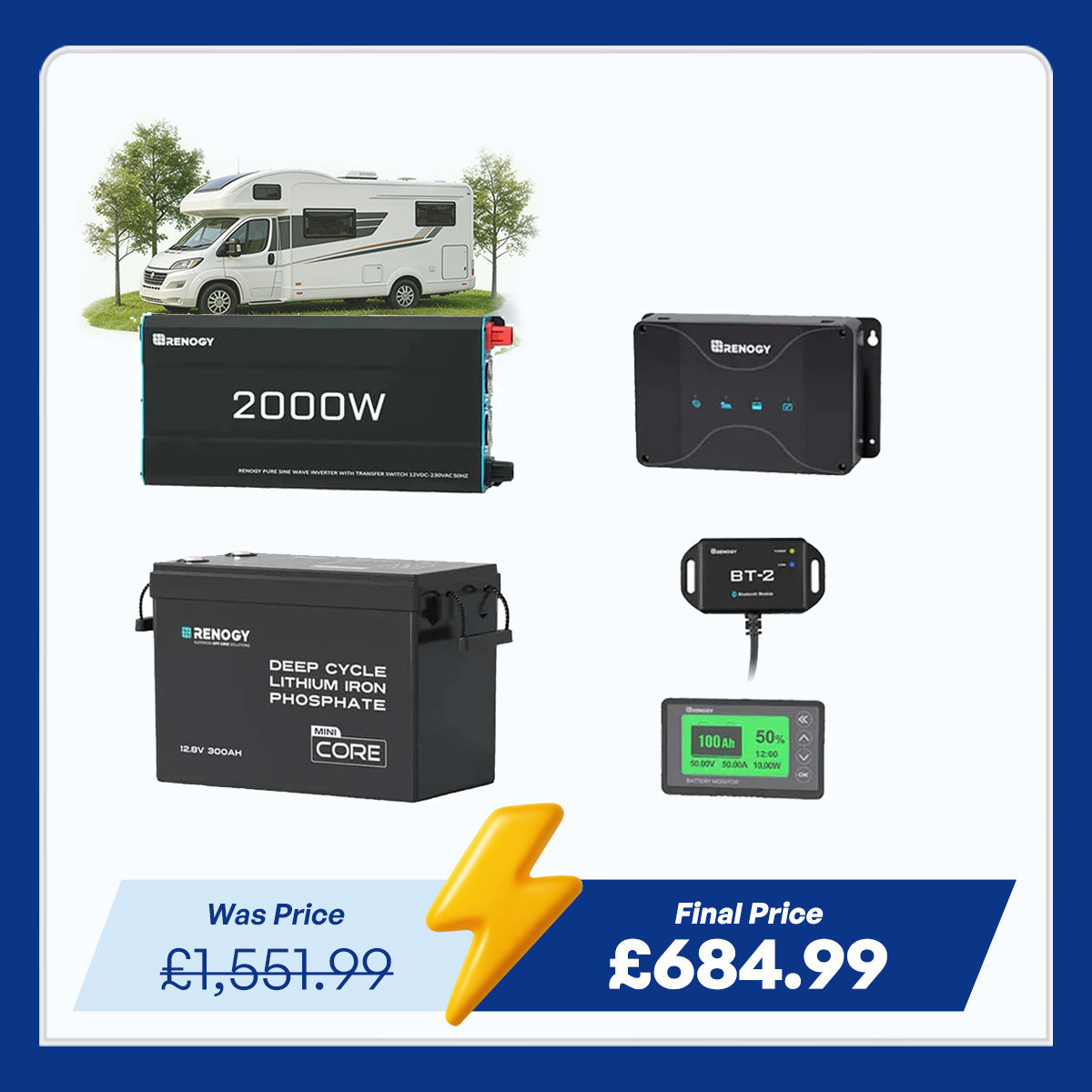 3.84kWh Motorhome Power Kit | 300Ah LiFePO4 Battery, 2000W Inverter