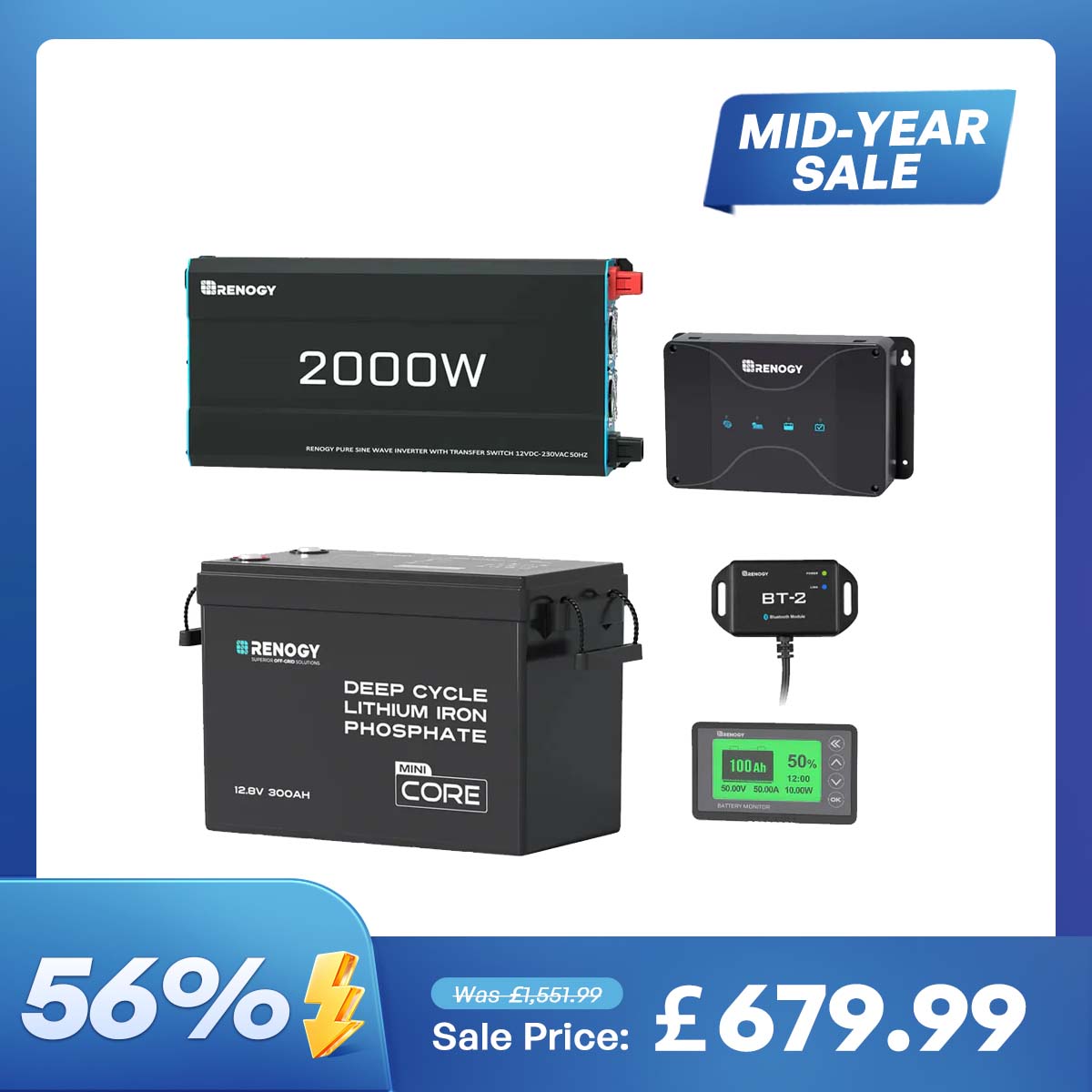 3.84kWh Motorhome Power Kit | 300Ah LiFePO4 Battery, 2000W Inverter