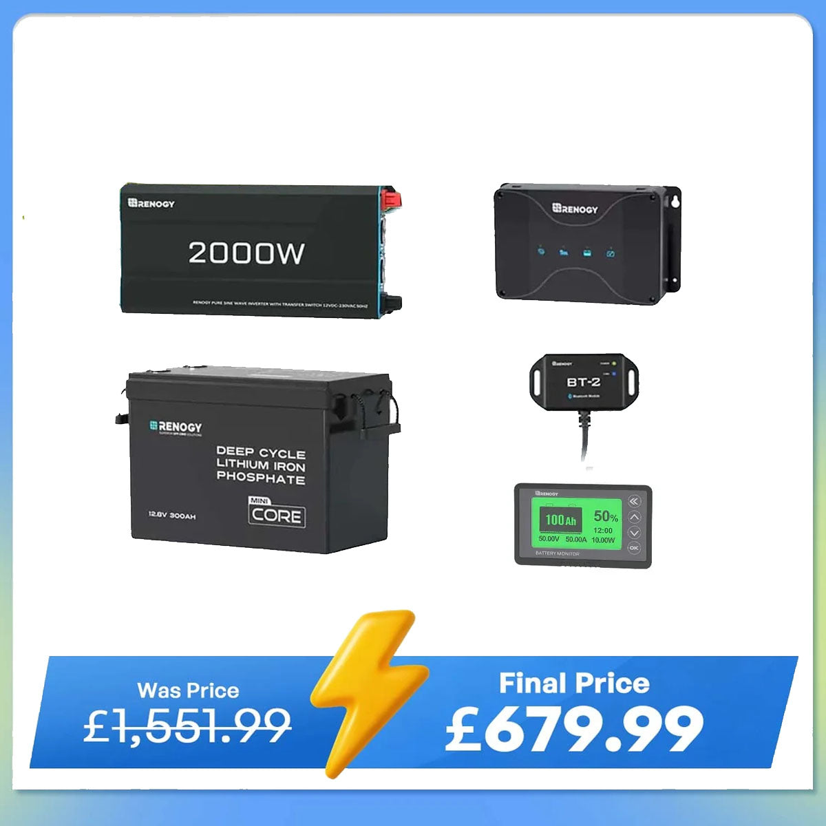 3.84kWh Motorhome Power Kit | 300Ah LiFePO4 Battery, 2000W Inverter