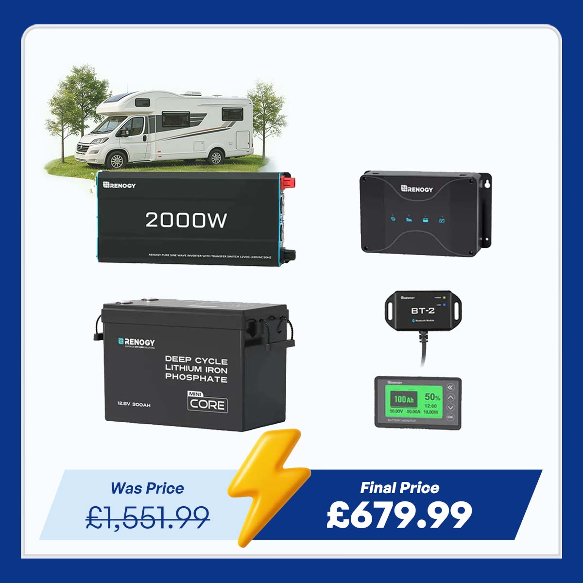 3.84kWh Motorhome Power Kit | 300Ah LiFePO4 Battery, 2000W Inverter