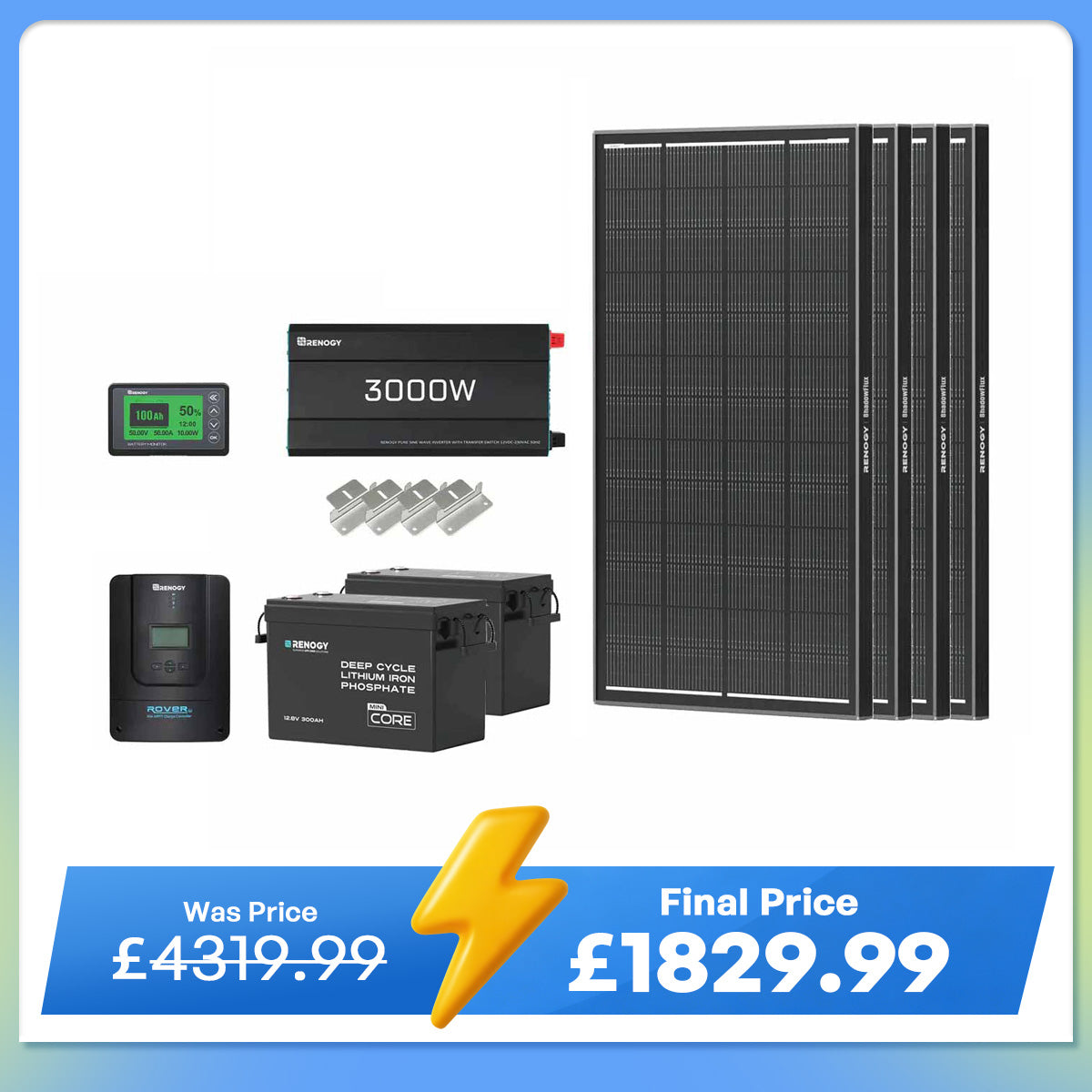 7.68Kwh Off-Grid Power System | 3000W Inverter, 300Ah Lithium Battery x2
