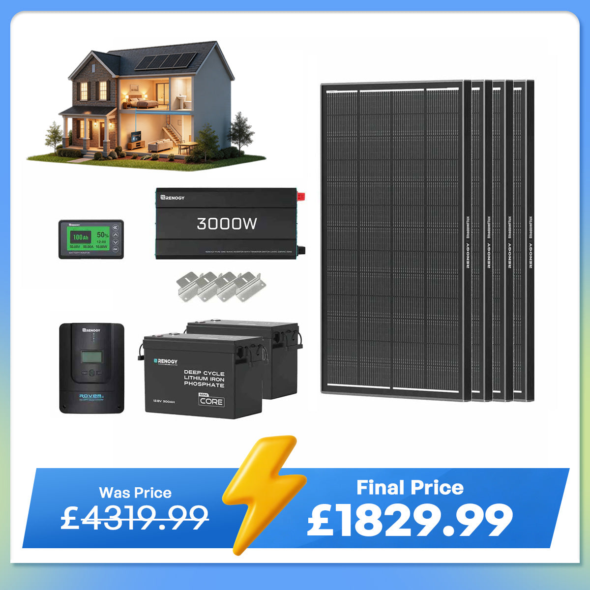 7.68Kwh Off-Grid Power System | 3000W Inverter, 300Ah Lithium Battery x2