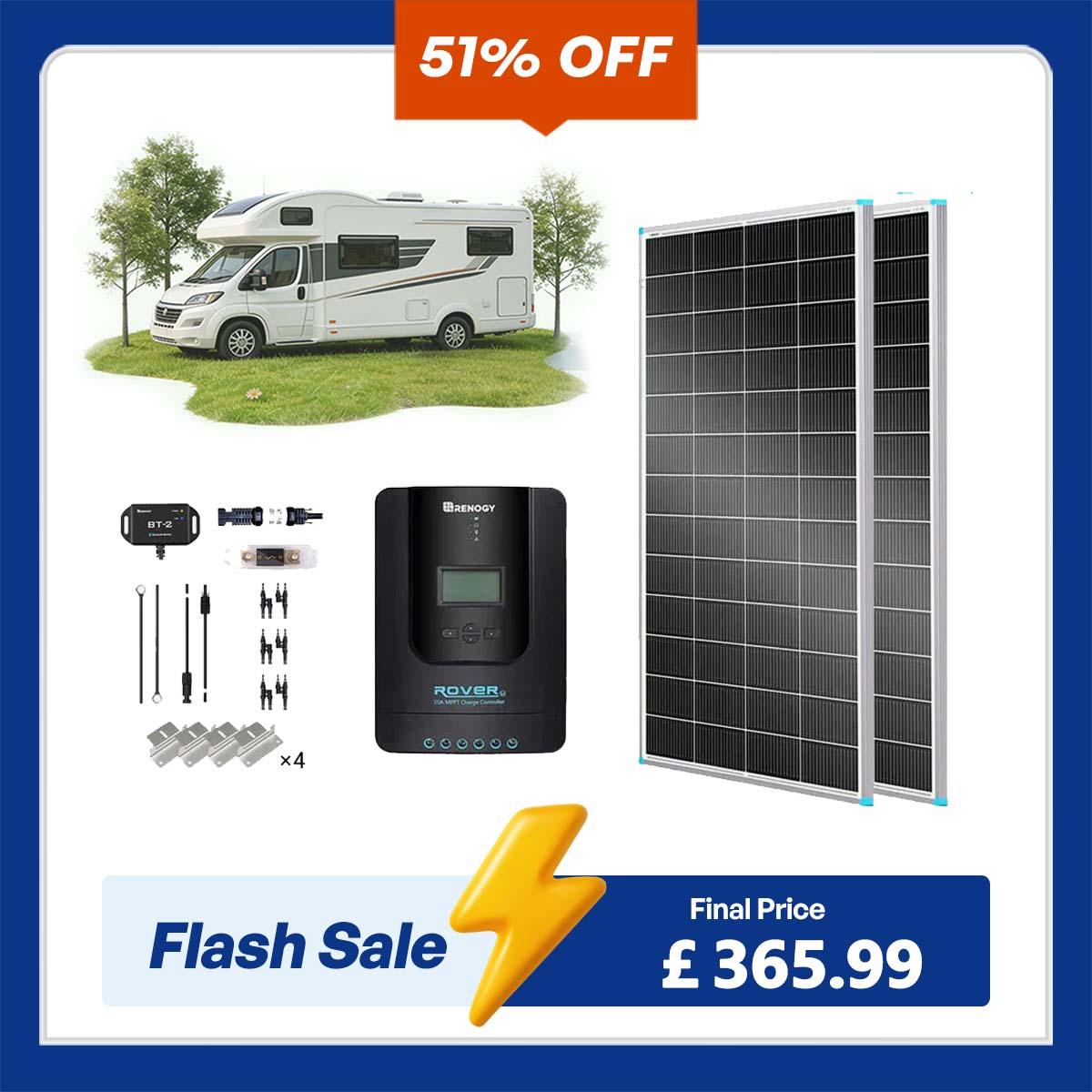 400W 12V/24V Monocrystalline Solar Premium Kit w/Rover 40A Charger Controller
