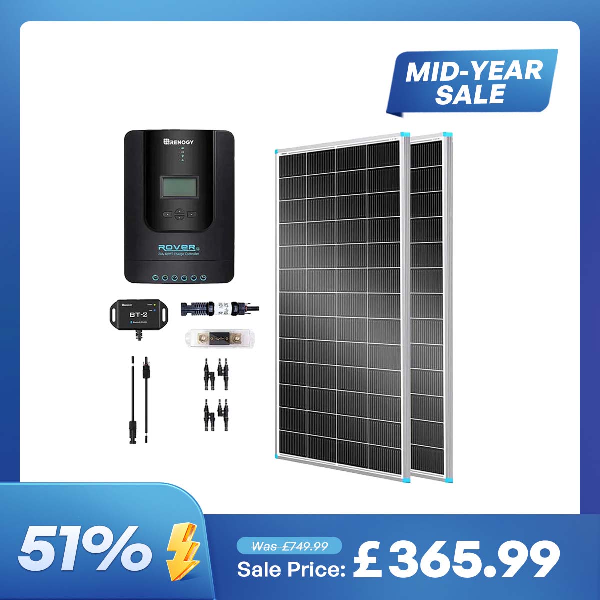400W 12V/24V Monocrystalline Solar Premium Kit w/Rover 40A Charger Controller