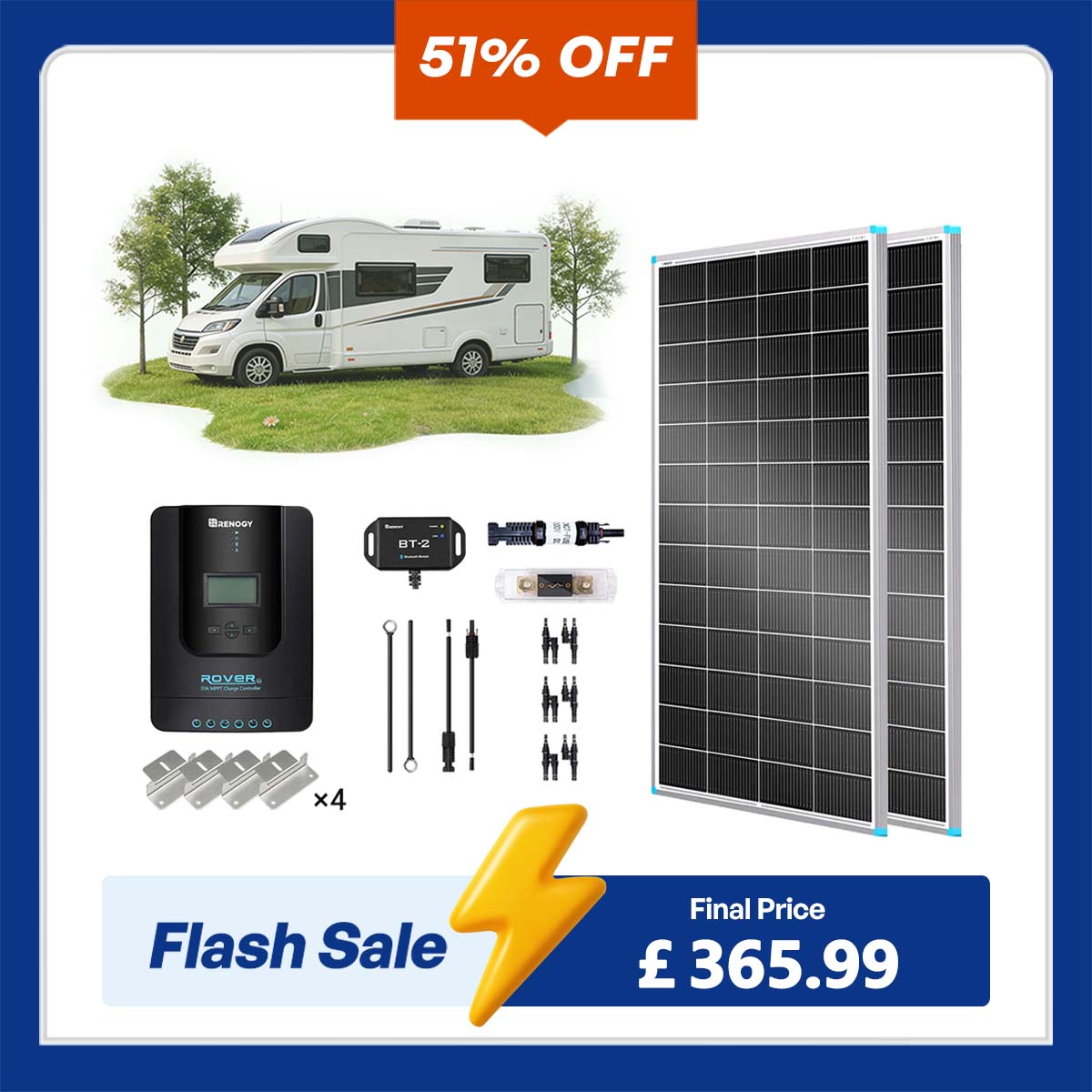 400W 12V/24V Monocrystalline Solar Premium Kit w/Rover 40A Charger Controller