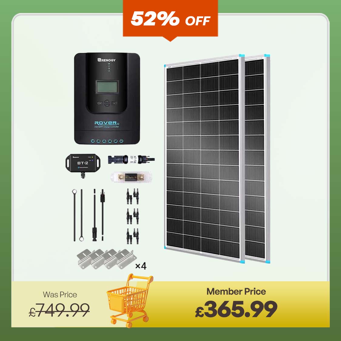 400W 12V/24V Monocrystalline Solar Premium Kit w/Rover 40A Charger Controller