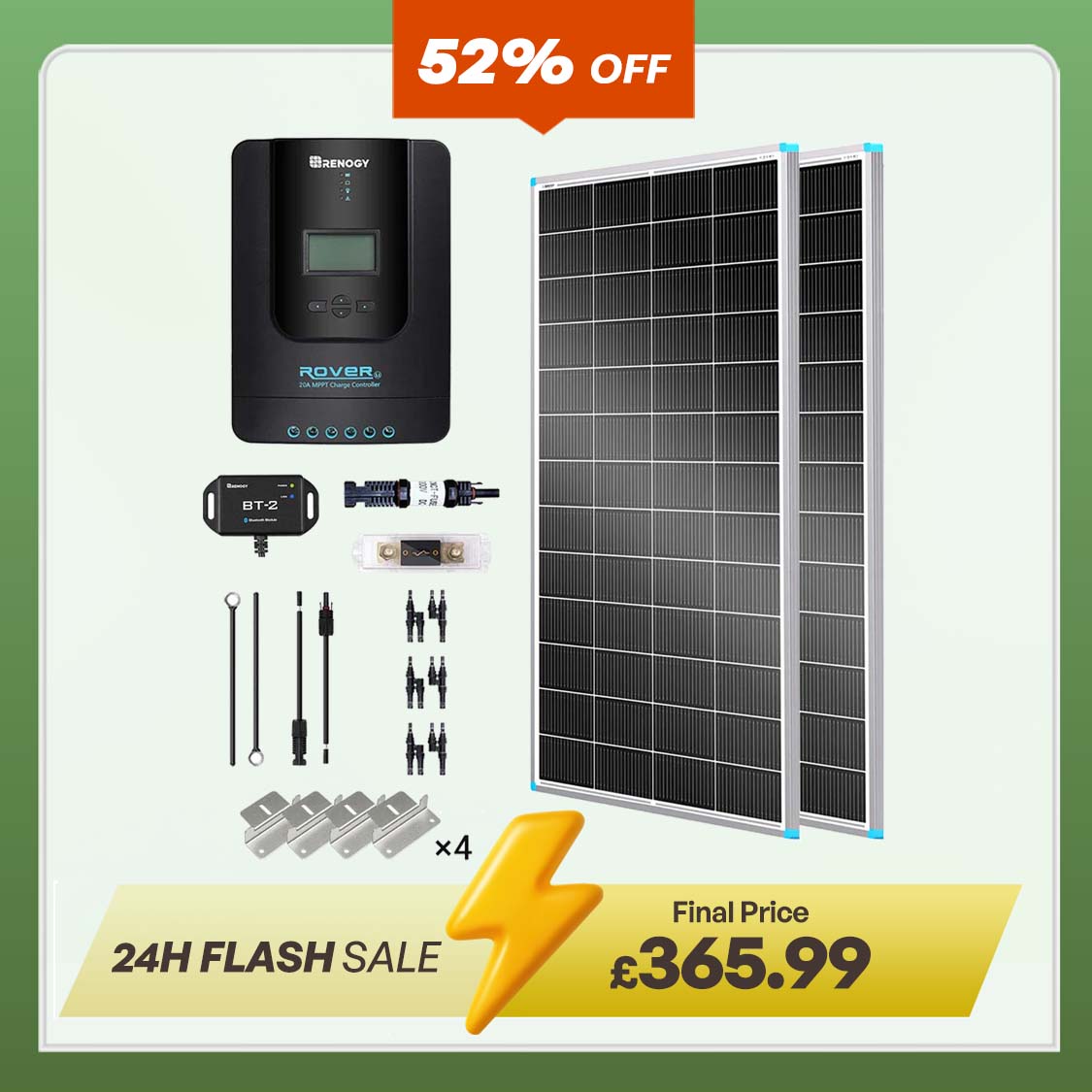 400W 12V/24V Monocrystalline Solar Premium Kit w/Rover 40A Charger Controller