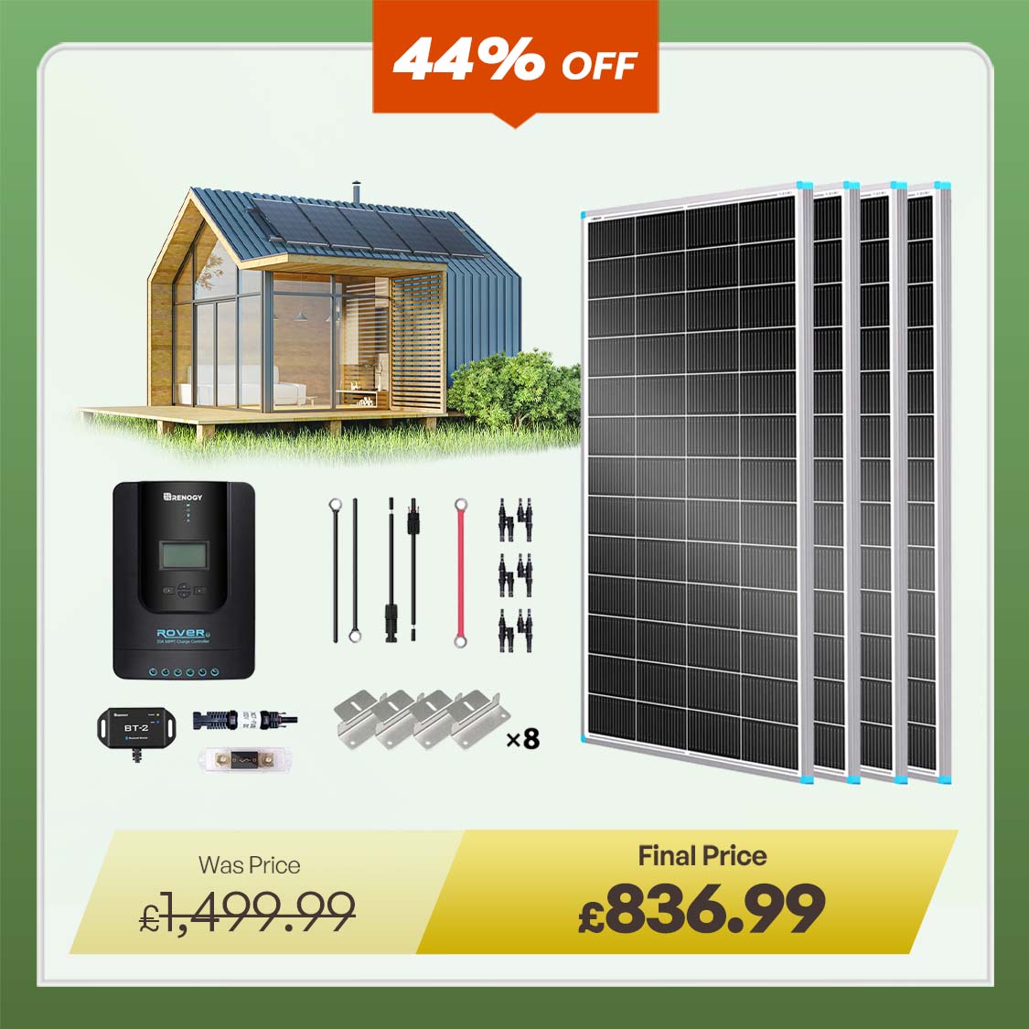 800W 12V/24V Monocrystalline Solar Premium Kit w/Rover 60A Charger Controller